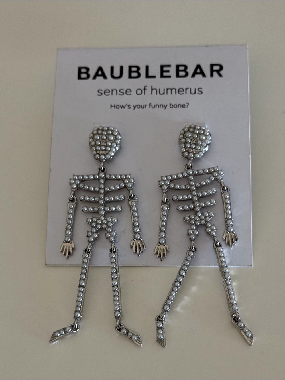 BaubleBar Silver Pearl Drop Dead Hottie Skeleton Dangle Earrings Halloween